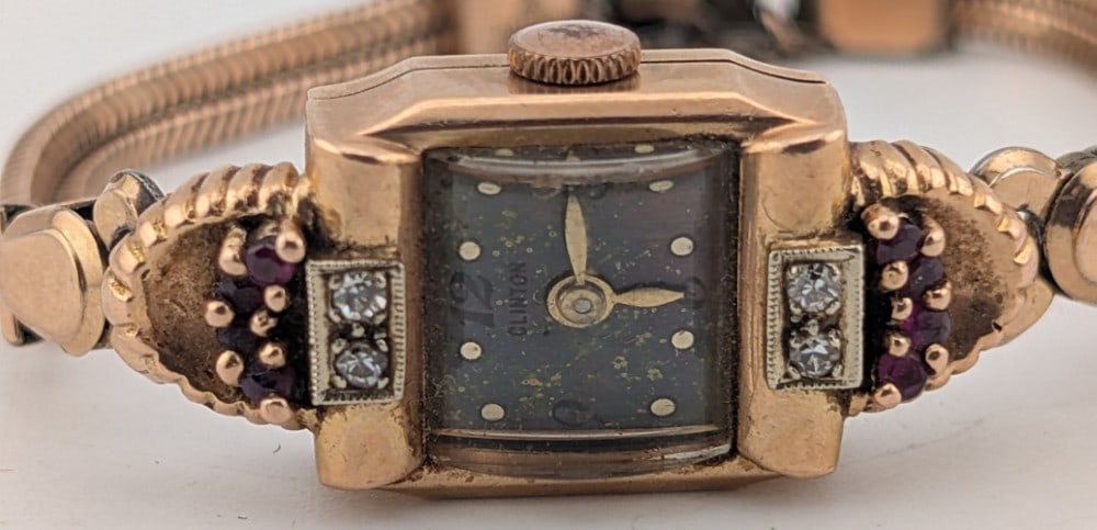 Vintage Ladies Swiss Clinton Diamond & Ruby 14K Rose Gold Case Wristwatch (1 of 5)