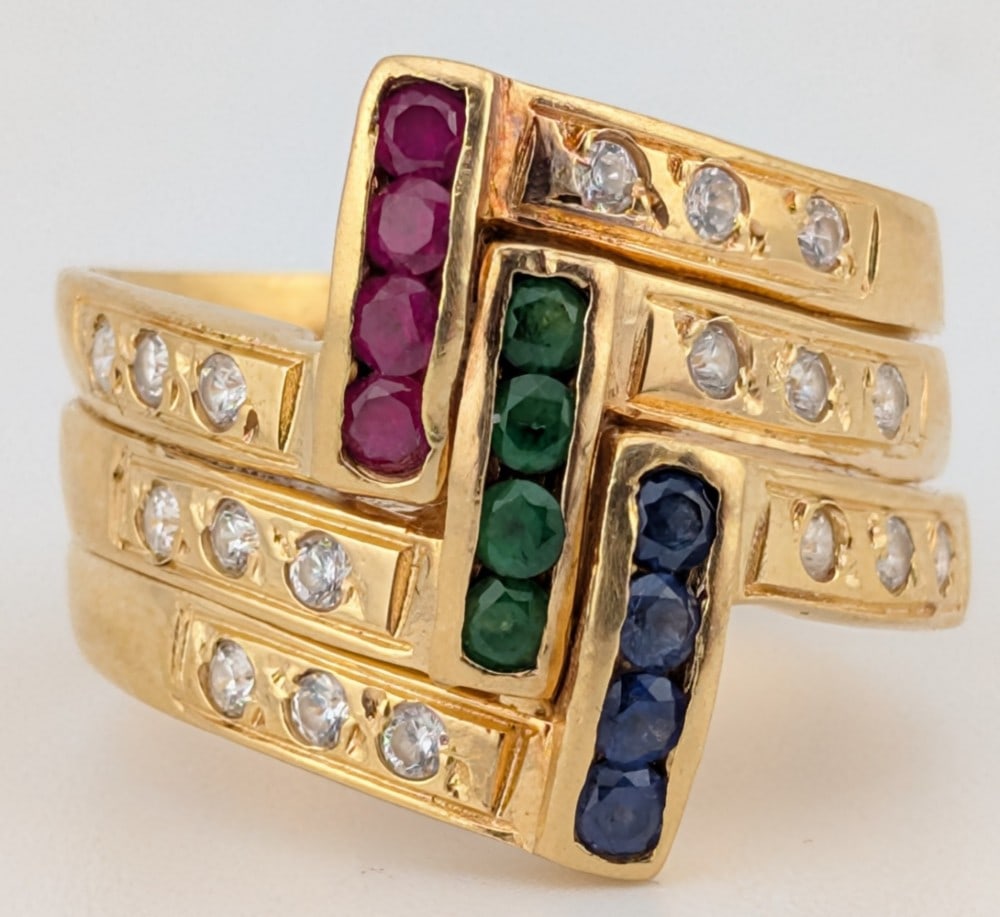 18K Gold Natural Ruby Emerald Sapphire & Diamond Geometric Ring (1 of 4)