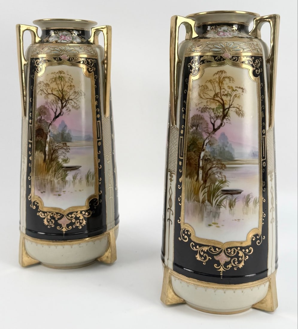 Pair Of Antique Nippon Porcelain Three-Handled Hand-Painted Lakeside Landscape Decorated Vases (1 of 13)