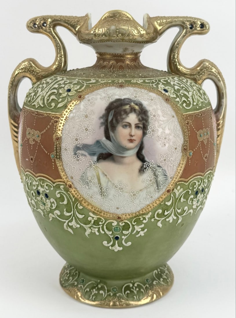 Antique Nippon Porcelain Two-Handled Hand-Painted Moriage Portrait Vase (1 of 7)