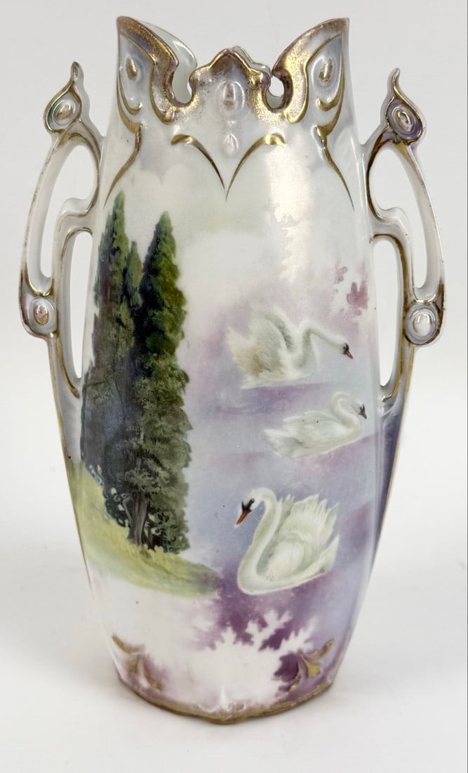 Antique R.S. Prussia Two-Handled Hand-Painted Swans Porcelain Vase (1 of 7)