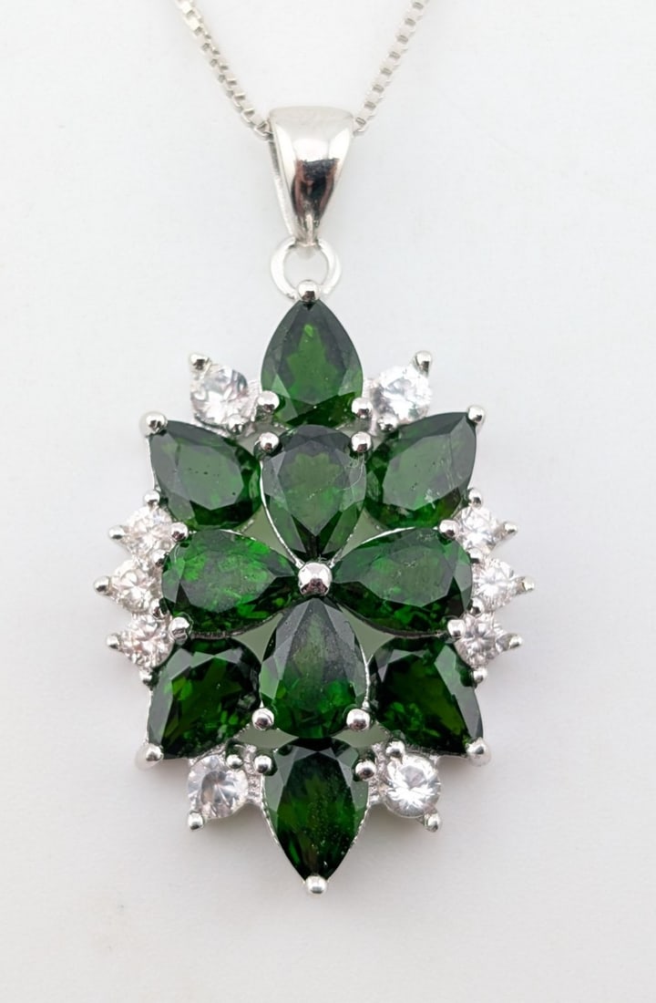 Sterling Chrome Diopside & White Zircon Pear Cut Cluster Pendant Necklace (1 of 3)