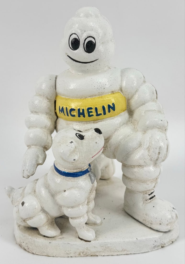 Painted Cast Iron Michelin Man With Dog "Bubbles" Statue (1 of 5)