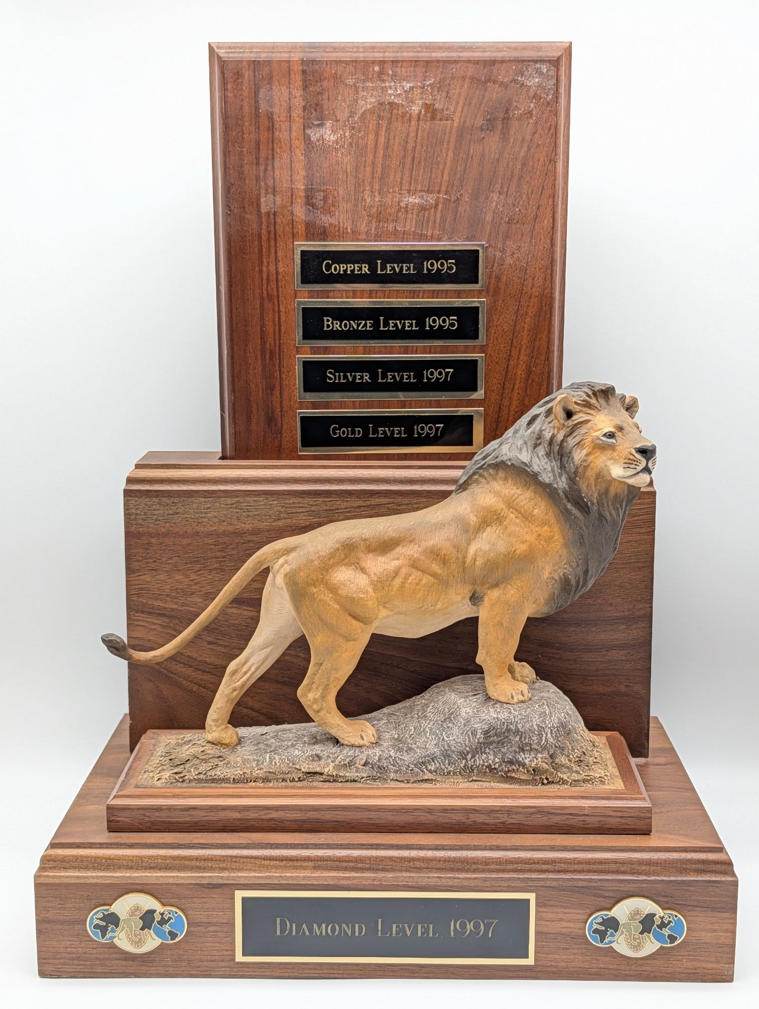 1997 Louis Paul Jonas SCI Diamond Level Resin Lion Statue Trophy: Statue is in good condition with wear on the base from display and storage. Statue is numbered 9 of 97, and the name plate has been removed. Measures without plaque 14in wide x 10in tall x 9in deep. R