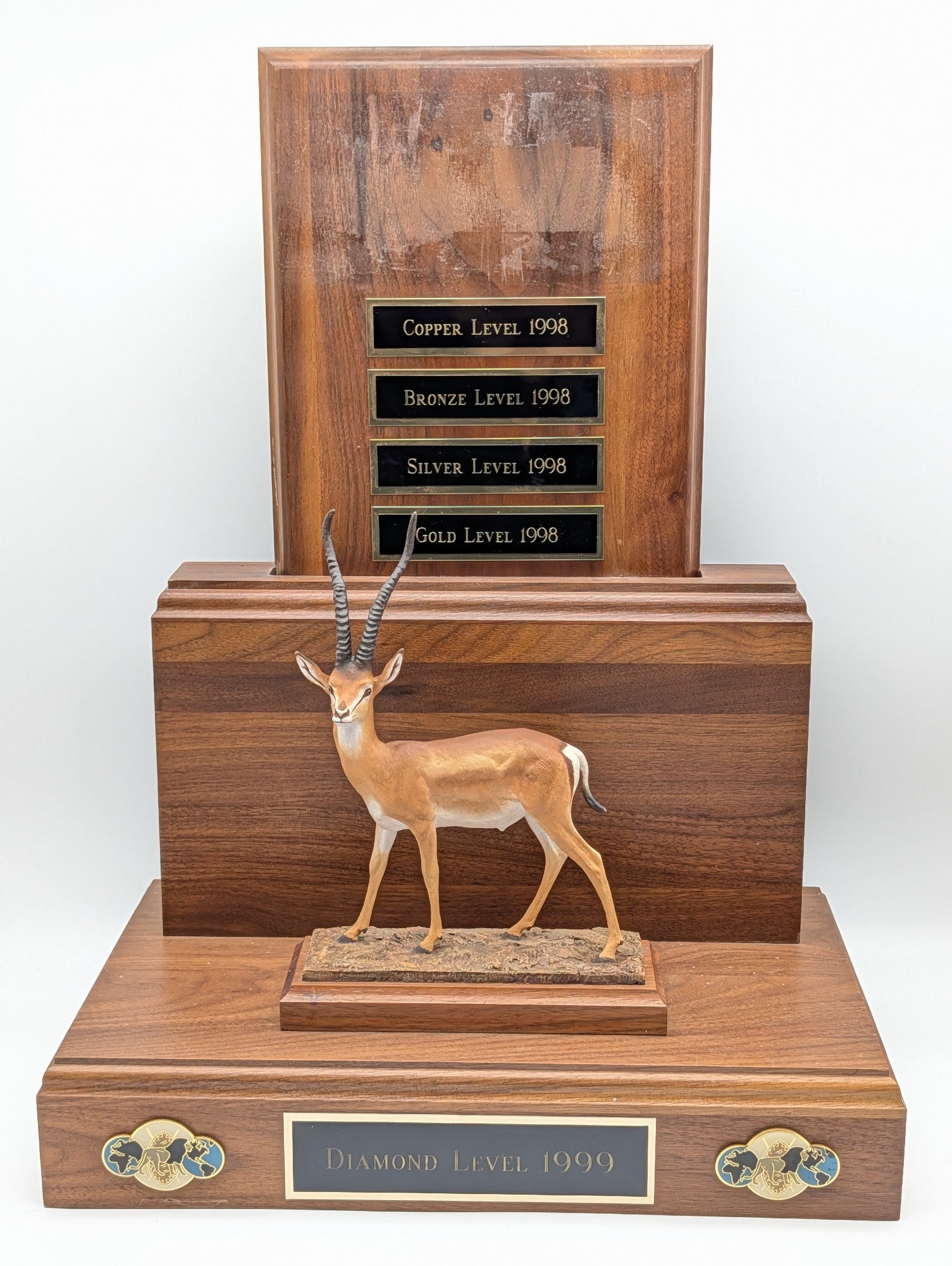 1999 Louis Paul Jonas SCI Diamond Level Resin Gazelle Statue Trophy: Statue is in good condition with wear on the base from display and storage. Statue is numbered 1 of 00, and the name plate has been removed. Measures without plaque 14in wide x 10in tall x 9in deep. R