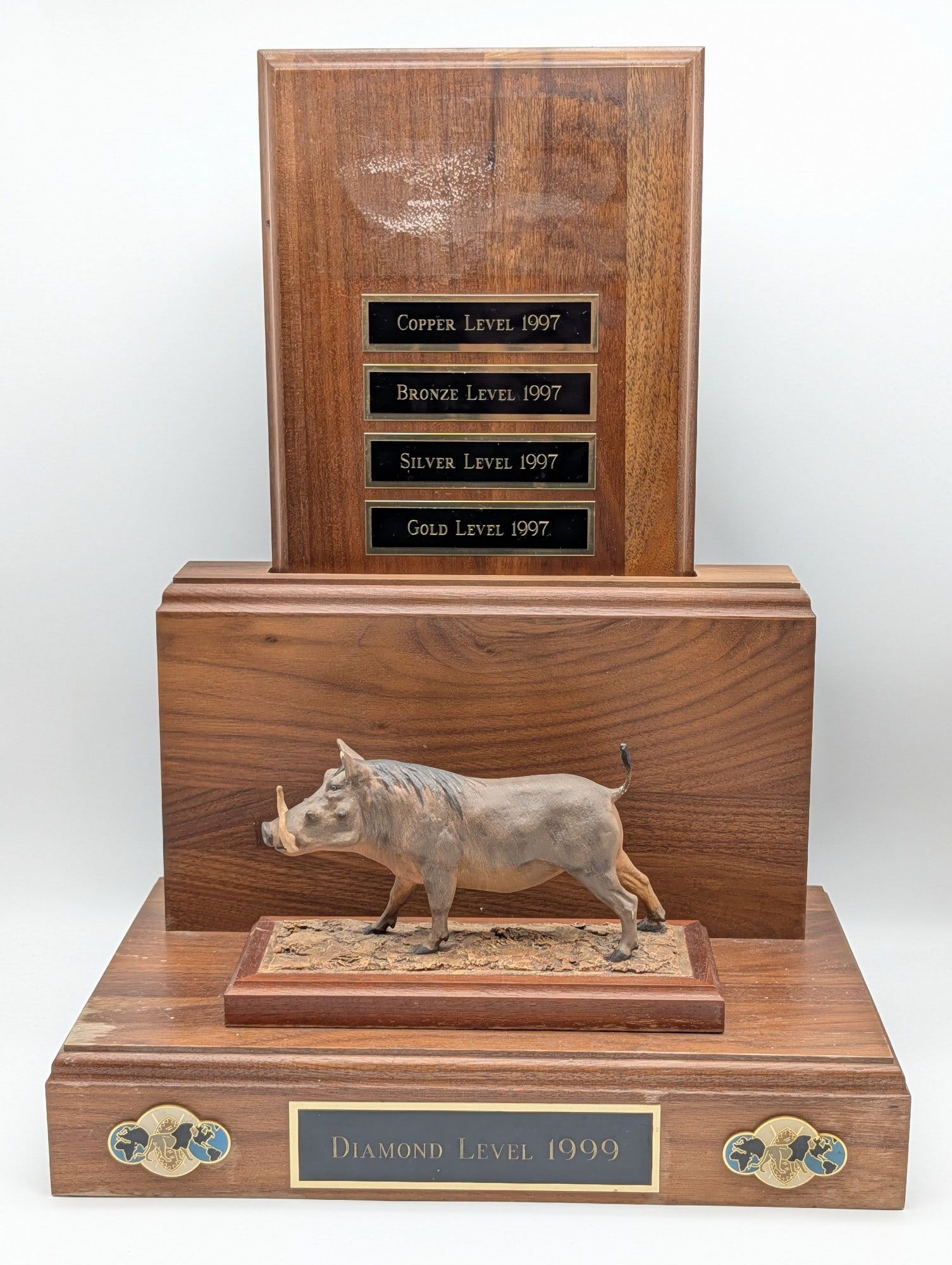 1999 Louis Paul Jonas SCI Diamond Level Resin Warthog Statue Trophy: Statue is in fair condition with wear on the base from display and storage. The tip of one tusk, and the base of the tail are cracked. Statue is numbered 1 of 99, and the name plate has been removed. 