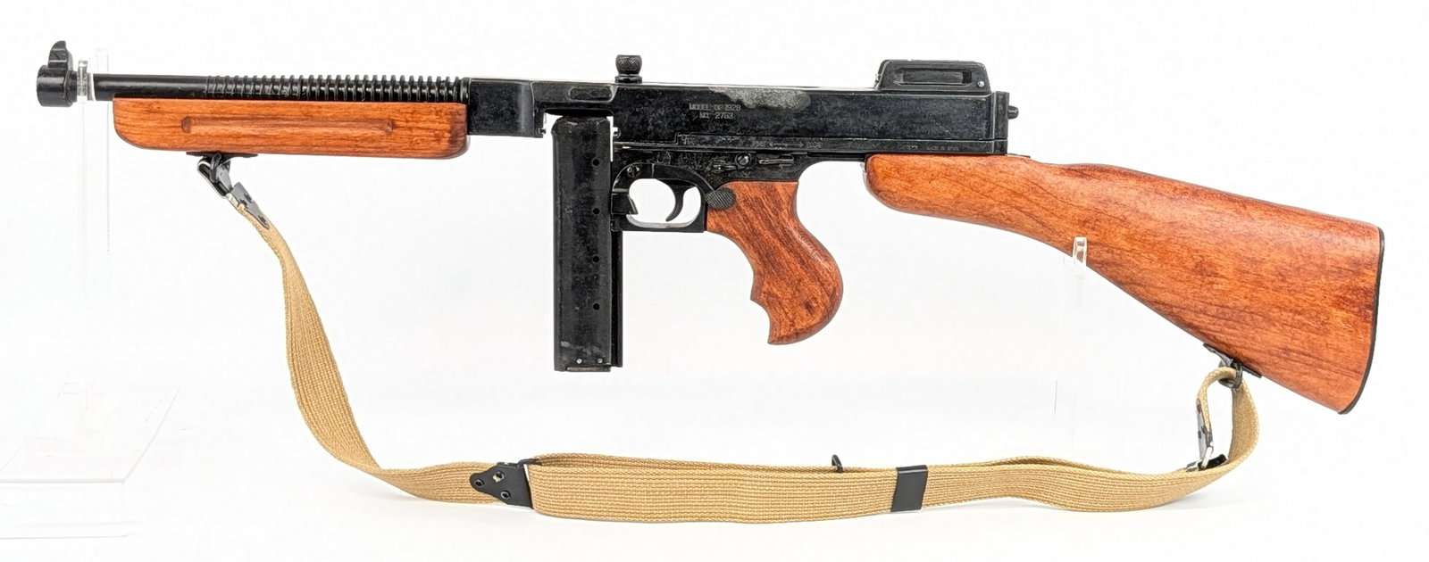Denix Non-Firing M1928 Thompson Machine Gun Replica: Piece has a functioning action for an added tactile feel, and general scuffs and some finish wear from handling and display. Ref #: 6486