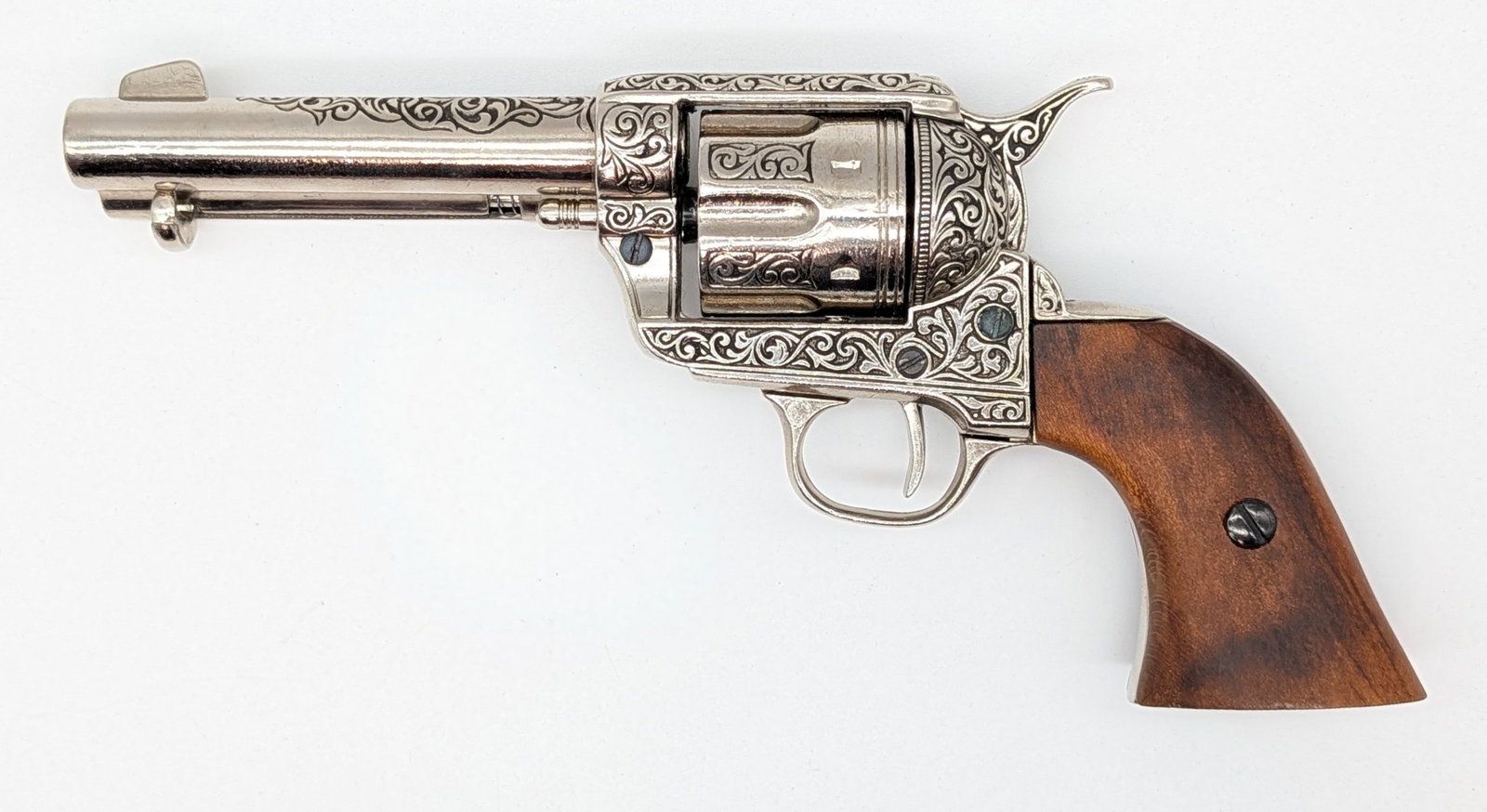 Denix Replica Engraved Colt Single Action Revolver w/ Box: Features a nickel style finish, functioning action, and smooth wood grips. Ref #: 6544