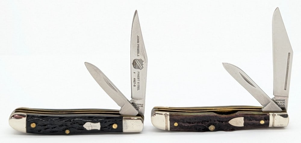 John Primble & Shrade Jigged Bone & Rough Black Tiny Trappers: Knives are in very nice condition with light scuffs from handling. Overall measures 2-7/8in when closed.