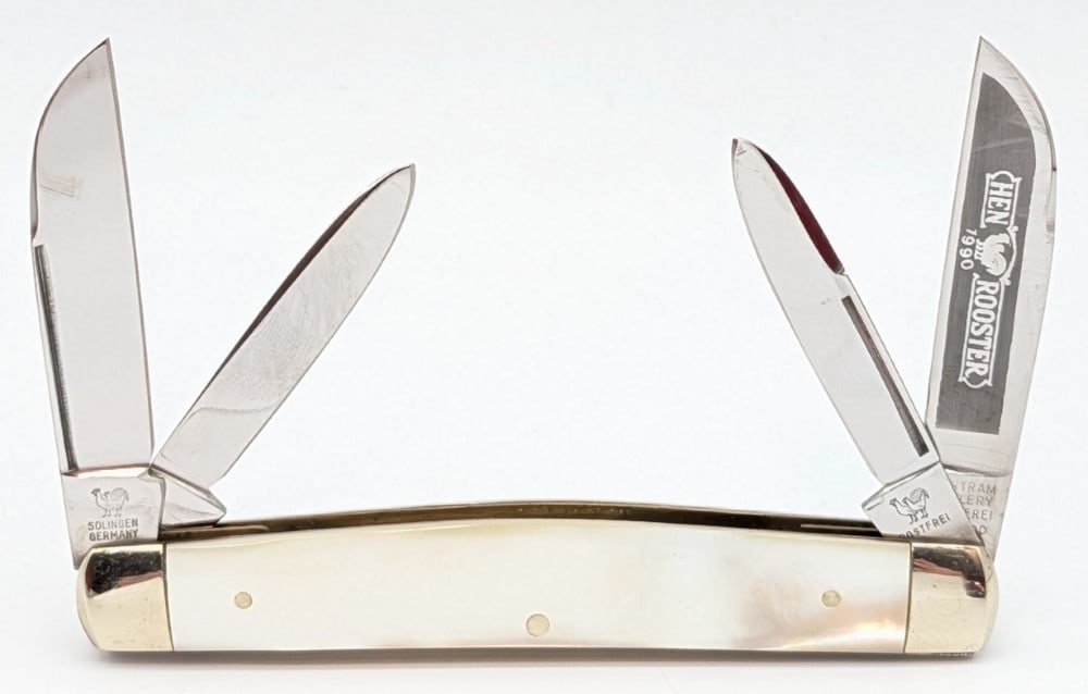 Bertram Cutlery Hen & Rooster Mother of Pearl Congress Knife: Knife is in very nice condition with light scuffs and tarnishing on the bolsters. Overall measures 3-3/4in when closed.