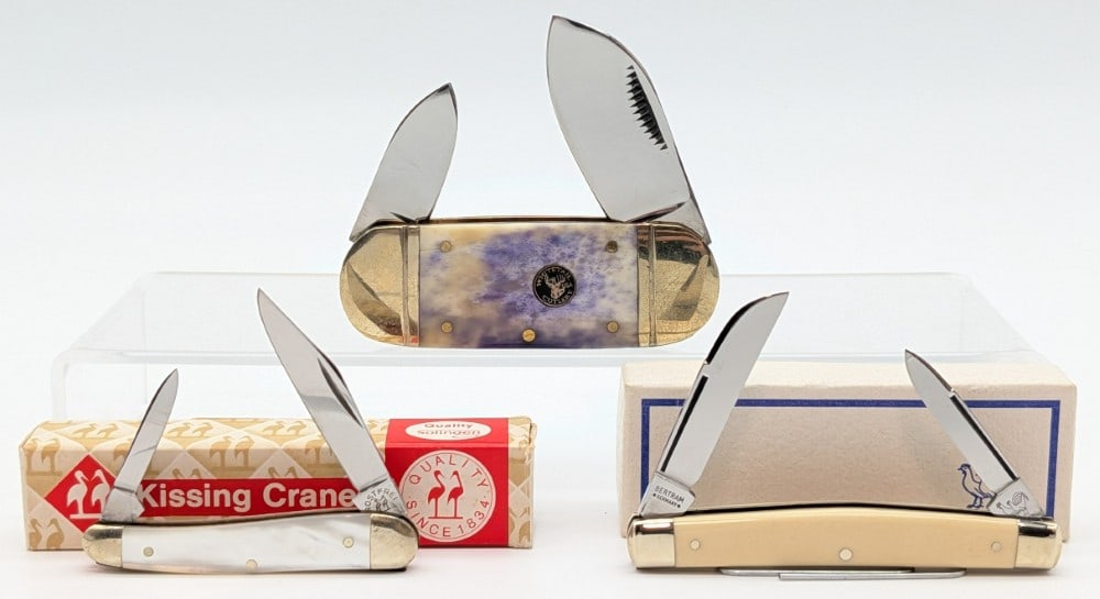 Hen & Rooster, Kissing Crane, & Whitetail Cutlery Folding Knives: Knives are in very nice condition with minimal wear from handling. Largest overall measures 3in when closed.