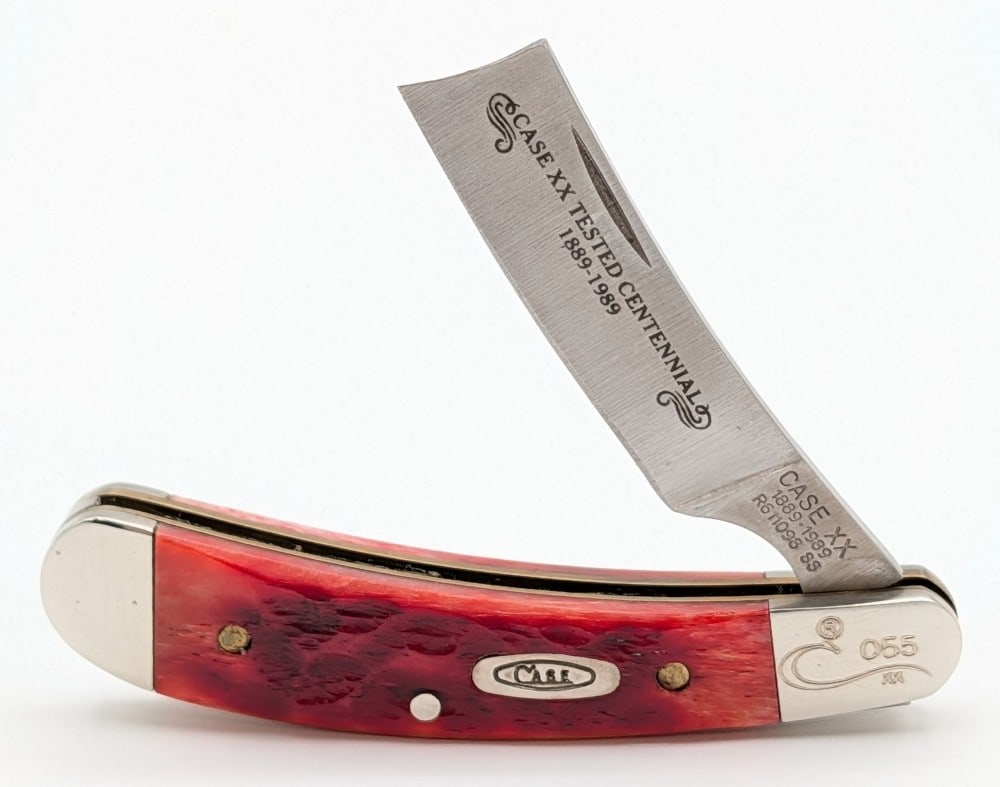 Ltd 1989 Case XX Centennial Red Bone Razor R611098: Knife is numbered 055, and is in very nice condition with light scuffs on the bolsters from handling. Overall measures 2-7/8in when closed.