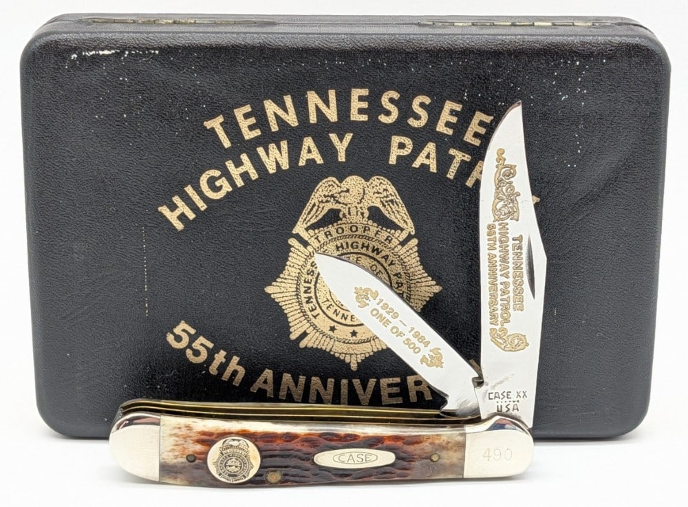 Ltd 1984 Case XX Tennessee Highway Patrol 55th Anni Copperhead 6249 w/ Case: Knife is numbered 490 of 500, and is in very nice condition with light scuffs from handling. Overall measures 3-7/8in when closed.