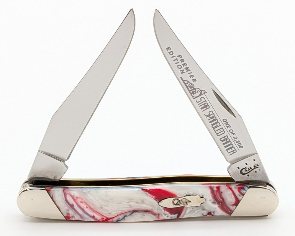 Ltd 2014 Case XX Slant Bolster Star Spangled Banner Corelon Muskrat: Knife is 1 of 2500, and is in like new condition. Overall measures 3-7/8in when closed.