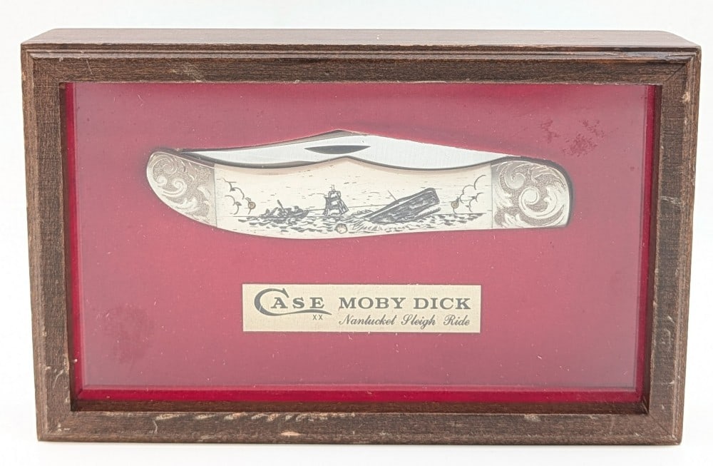 1979 Case XX Scroll Bolster Moby Dick Nantucket Sleigh Ride Folding Hunter w/ Case: Knife is numbered 5476, and is in very nice condition with minimal wear from age. Overall measures 4-1/8in when closed.