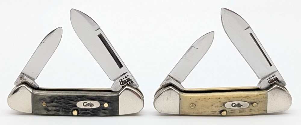 2000 Case XX Natural & Green Bone Baby Butterbeans 62132: Knives are in good condition with some light scratches on the blades, and scuffs and tarnishing on the bolsters from handling. Overall measures 2-3/4in when closed.