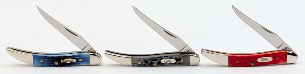 2002, 06, & 20 Case XX Blue, Red & Black Bone Tiny Texas Toothpicks 610096: Knives are in very nice condition with light scuffs on the bolsters from handling. Overall measures 3in when closed.