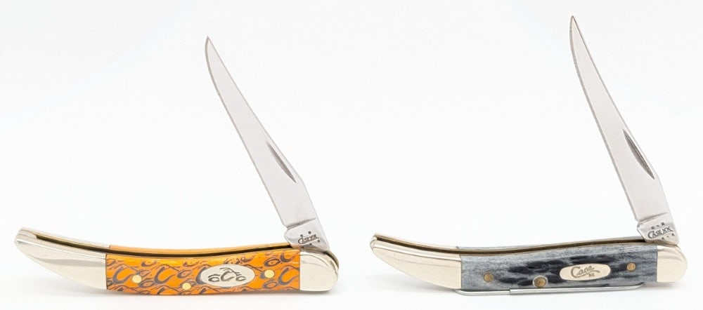 2002 & 05 Case XX Orange County Chopper & Black Bone Small Toothpicks 610096: Knives are in nice condition with some scuffs on the bolsters from handling. Overall measures 3in when closed.