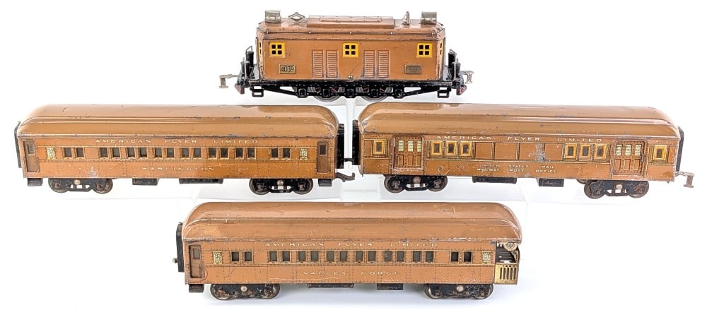American Flyer 4039 Locomotive and Passenger Cars: American Flyer wide / standard gauge 4039 electric locomotive with 4080 - 4081 - 4082 passenger cars. The light covers on the loco are replaced. The loco and cars show paint loss and wear from use and