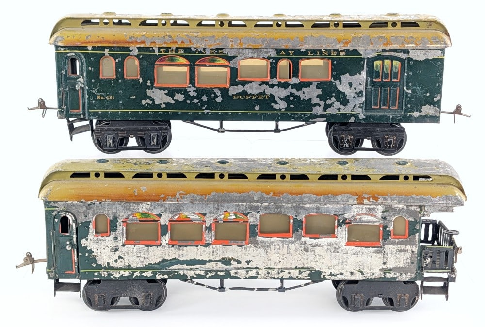 Ives 1 Gauge 181 Buffet Car & 183 Observation Car: Prewar Ives wide / 1 gauge 181 buffet car and 183 observation car. The cars have heavy paint flaking and wear from use and age.