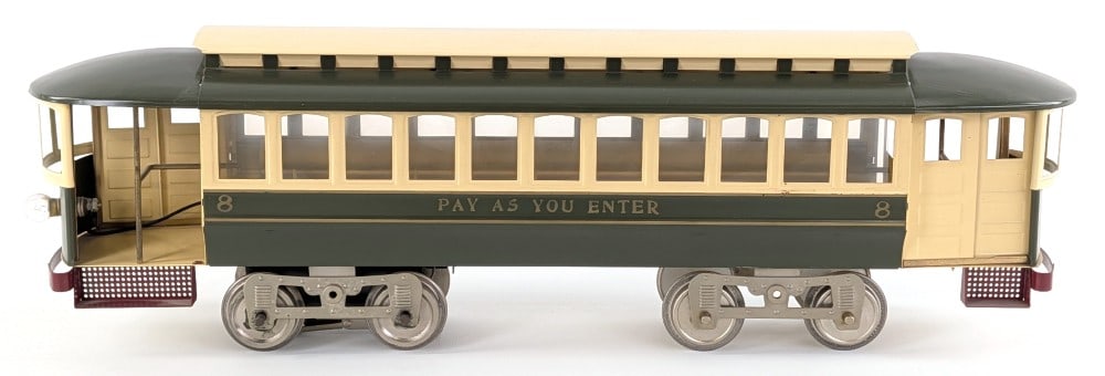 Williams No. 8 Pay as You Enter Trolley: Williams Reproductions standard gauge No. 8 Pay as You Enter trolley. The trolley has some dust from display and a couple minor rub marks. Overall good condition.