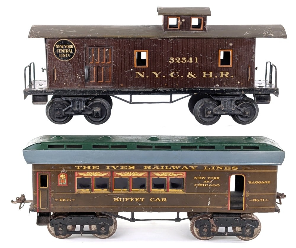 Bing NYC & HR 52541 Caboose & Ives NY&C Buffet Car No. 71: Prewar Bing gauge 1 New York Central & Hudson River 52541 caboose and Ives No. 71 New York and Chicago buffet car. The trucks on the buffet car are loose and it is missing the steps on the one side. T