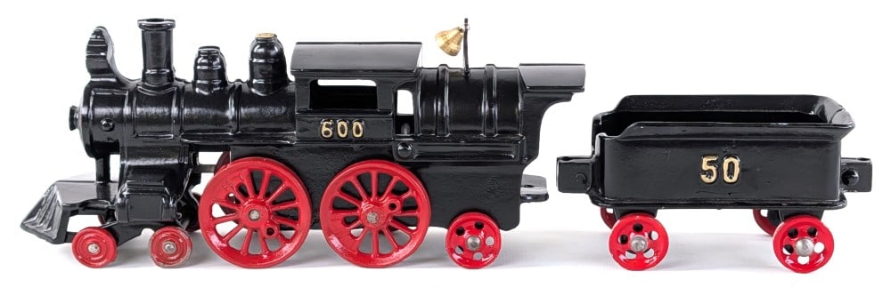 Restored Kenton 600 Camelback Locomotive with Tender: Restored Kenton 600 camelback locomotive with 50 tender. Overall a nice restoration with some light wear from age. The locomotive measures approximately 9-1/2" long by itself.