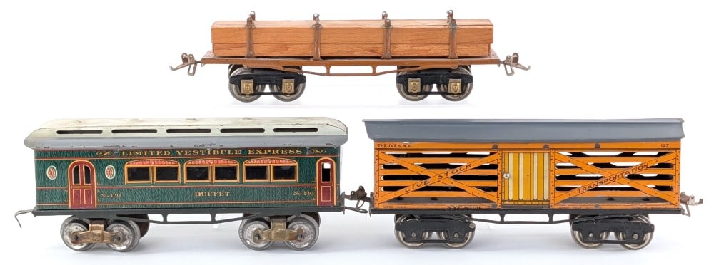 Ives No. 130 Buffet Car, No. 127 NYC & HR Livestock Car, and Lumber Car (1 of 8)