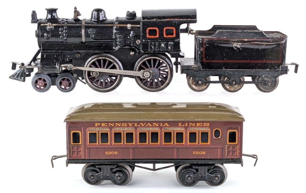 Bing Clockwork Cast Iron 4-4-0 Locomotive with Tender & 5208 Passenger Car (1 of 10)