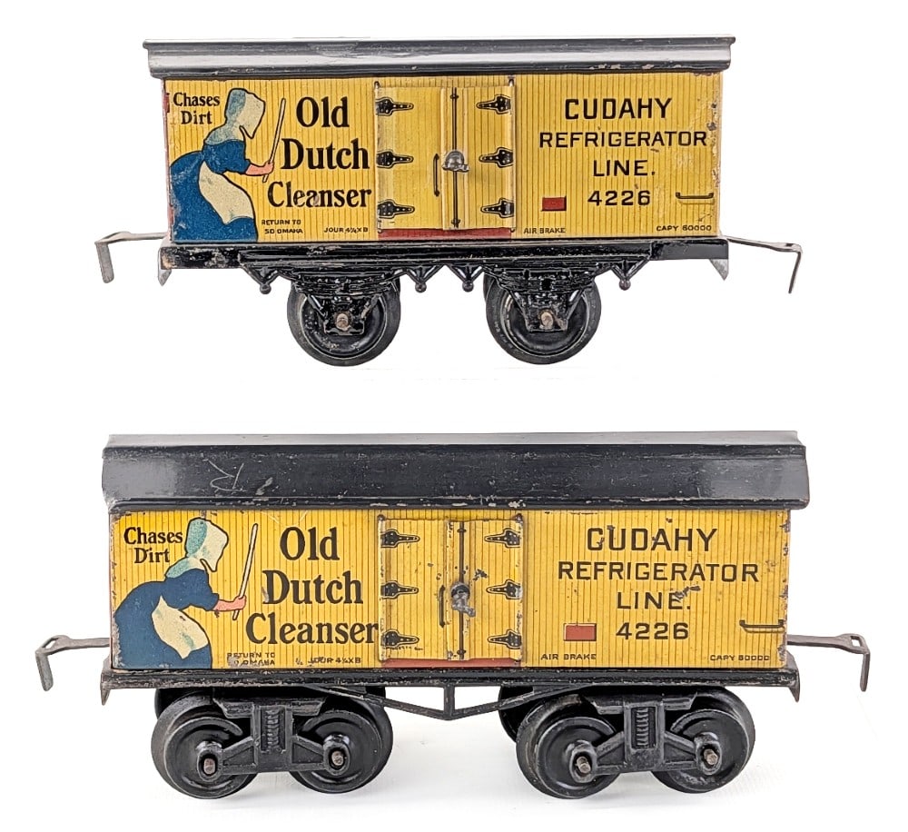 (2) Bing Old Dutch Cleanser Cudahy Refrigerator Line 4226 Cars: (2) Different variations of the Bing Old Dutch Cleanser Cudahy refrigerator line 4226 cars. Both show some scratches, litho loss, and wear from age. The one has a small touchup to the roof.