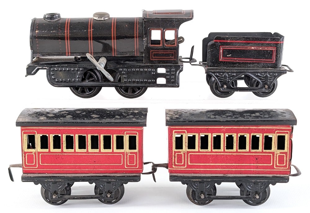 German Tin Clockwork Locomotive with Tender and Passenger Cars (1 of 12)