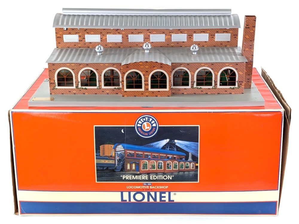 Lionel Locomotive Backshop 6-22918: Lionel locomotive backshop. The backshop comes with the box but has been on display. Has a small dent on the roof and some dust from being on display. Untested condition. Comes with the box that has m