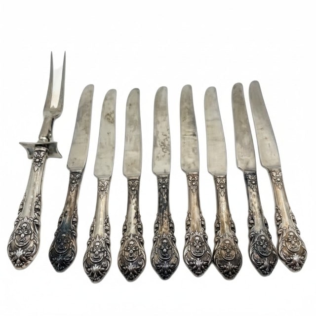 9 Wallace Sterling Dinner Knives and Meat Fork: 9 Wallace Sterling Dinner Knives and Meat Fork. 4.5 Ounces, Handles are measured as 1/2 Oz.