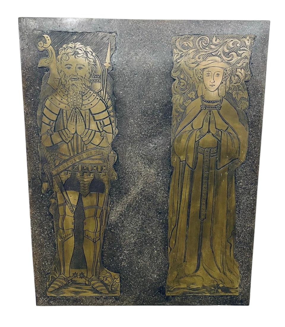 Vintage Brass Grave Rubbings: Vintage Brass Grave Rubbings. Rubbings are on Resin Block and is in overall good condition. 32? x 40 1/2