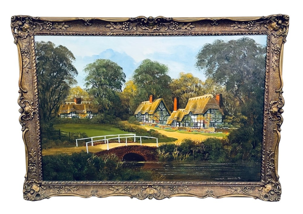 1975 Malcolm Gearing Cottage Scene Oil Painting: 1975 Malcolm Gearing Cottage Oil Painting. Oil Painting is in overall good condition with no Rips or Tears and is in overall good condition. Measures 41? x 29