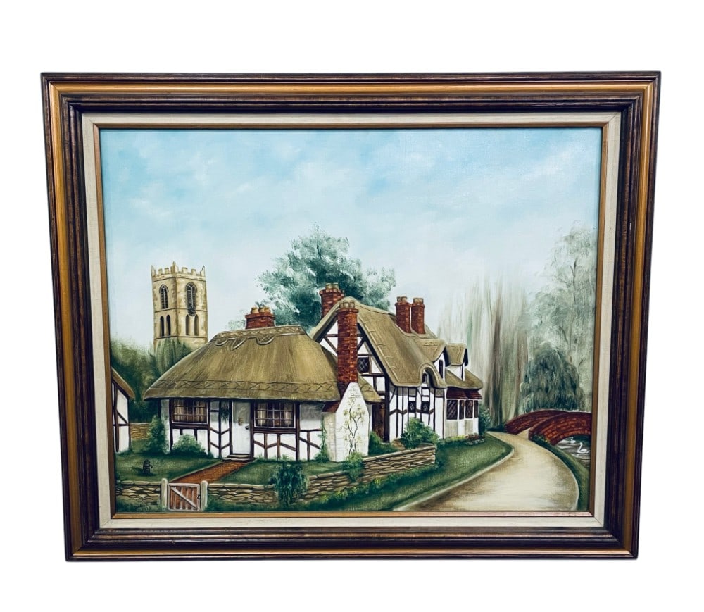 1975 Helen Dedrick Cottage Scene Oil Painting: 1975 Helen Dedrick Cottage Oil Painting. Oil Painting is in overall good condition with no Rips or Tears. Measures 35? x 29 1/2