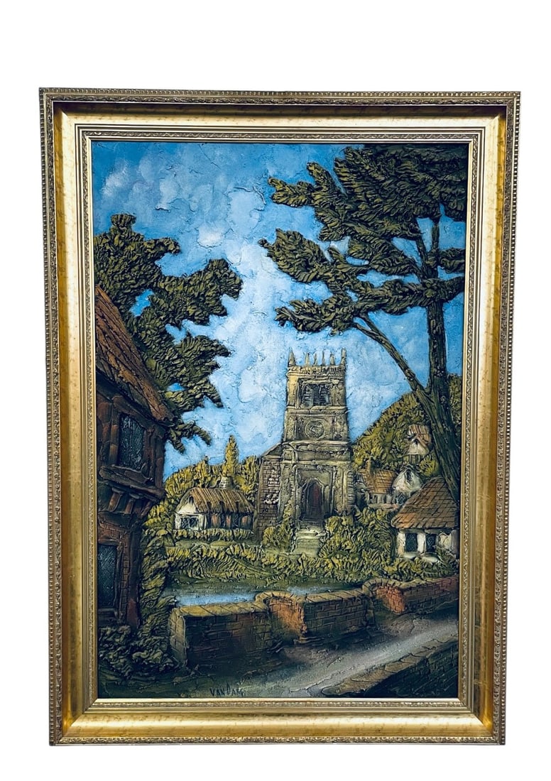 Van Dam 3-D Castle Tower Oil Painting on Canvas: Van Dam 3-D Oil Painting on Canvas. Oil Painting is in overall good condition with no rips or cuts. Measures 29 1/2? x 41 1/2