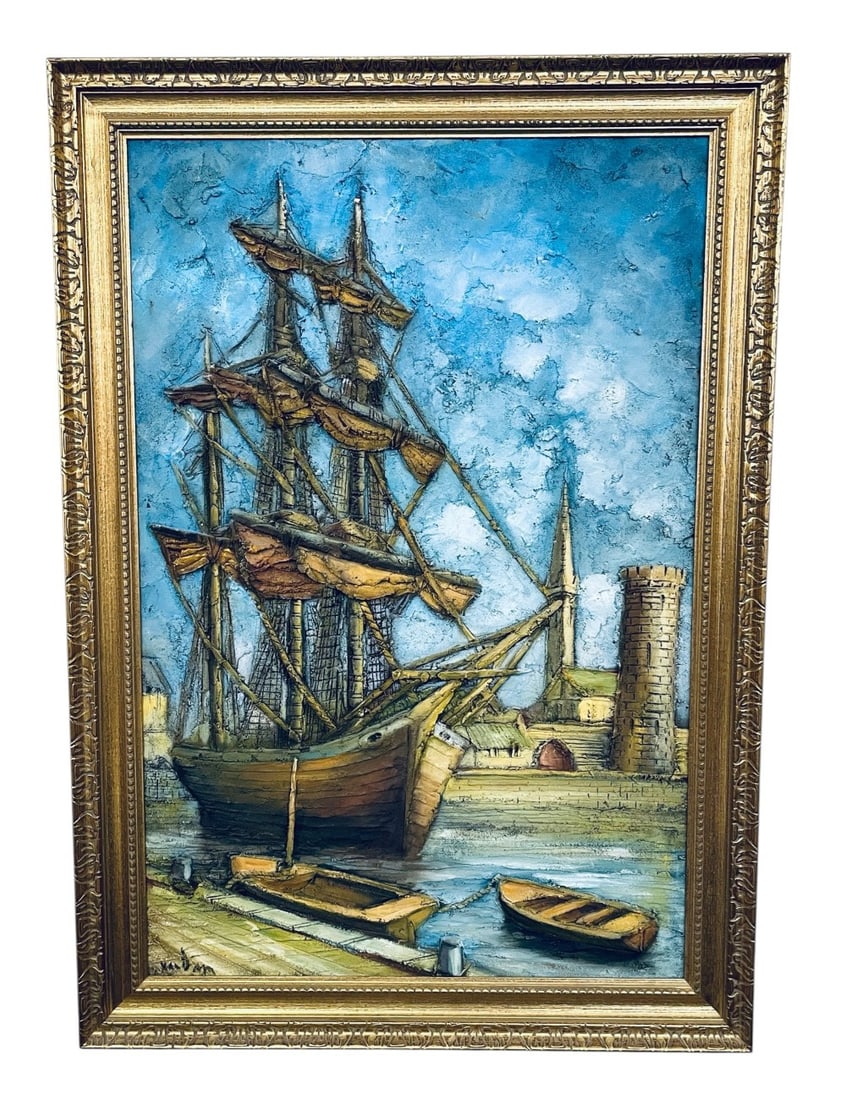 Van Dem 3-D Sailboat Oil Painting on Board: Van Dem 3-D Sailboat Oil Painting on Board. Oil Painting is in overall good condition with no tears or cuts. Measures 29? x 41