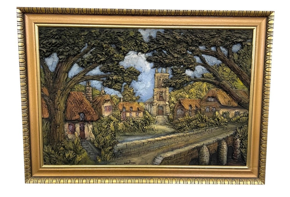 Van Dam 3-D Village Oil Painting on Board: Van Dam 3-D Town Oil Painting on Board. Oil Painting is in Overall Good Condition with no Rips or Cuts. Measures 41 1/4? x 29