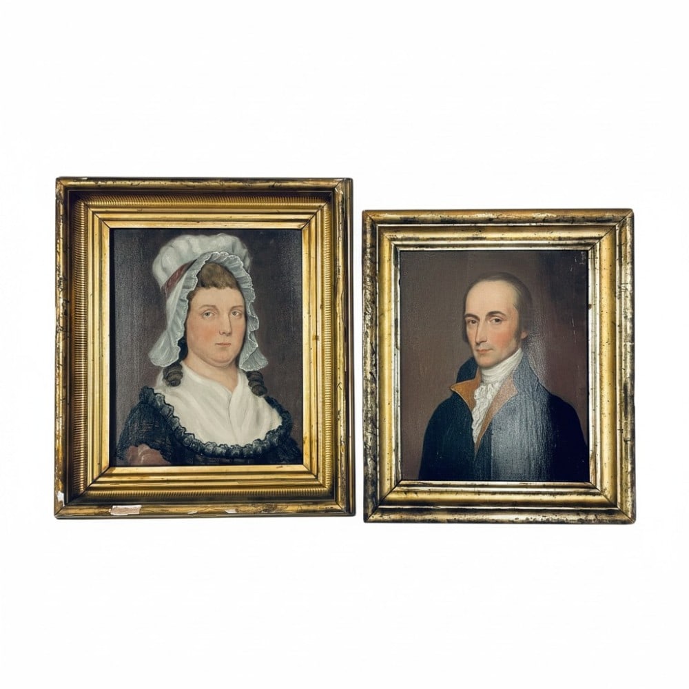 Portrait of a Man and Woman Oil Paintings: Antique Man and Woman Portrait Oil Paintings. Oil Paintings on Wood Blocks and Man Portrait has line through center. Frames has some Edgeware. Measures 14? x 16? and 12 3/4? x 14 3/4