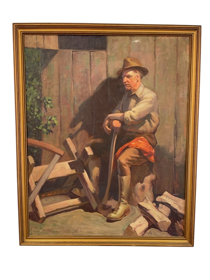 Vintage ?WoodCutter? Oil Painting on Canvas: Update