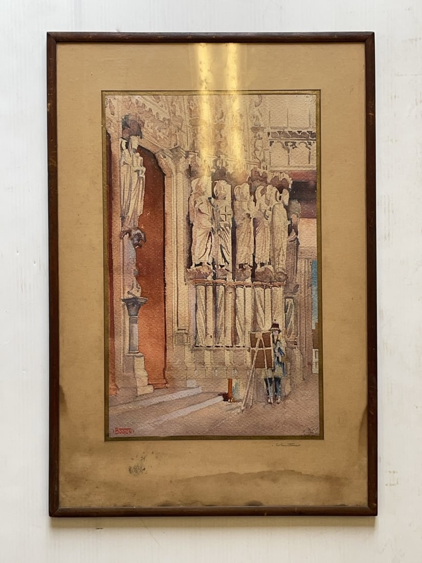 Joseph F. Booton Watercolor Painting: Joseph F. Booton Watercolor Painting. Watercolor Paintings ?Chartres? and ?French Village. Painting has Water Damage and Measures 17? x 24 1/4? and 15 3/4? x 21