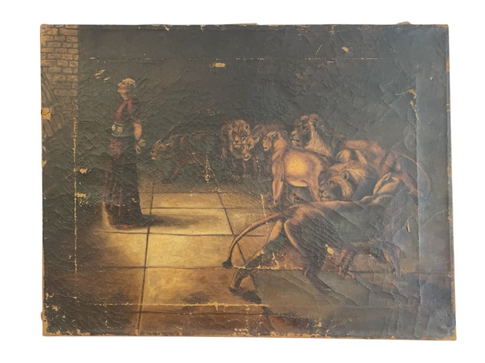 J. Bechtolb "Daniel in the Lions Den" Oil Painting: J. Bechtolb Daniel in the Lions Den Oil Painting on Canvas. Oil Painting is Chipping and has Holes in Canvas and Edgeware. Measures 21 1/2? x 16 1/2?