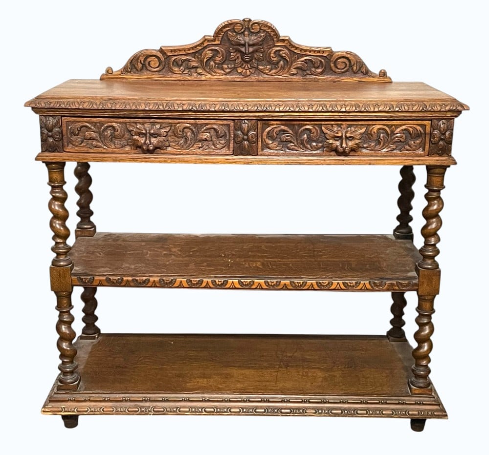 Antique Hand Carved Gothic/Renaissance Sideboard/Buffet: Antique Hand Carved Gothic/Renaissance Sideboard/Buffet. 3 Tier Sideboard Cabinet with 2 Drawers and intricately Carved. Measures 48? x 18? x 49