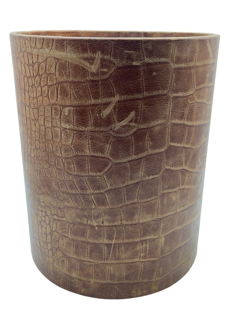 Mid Century Alligator/Crocodile Waste Basket: Mid Century Alligator/Crocodile Waste Basket. Waste Basket is in overall good condition with Warping on inside. Measures Diameter 11? Height 13 1/4