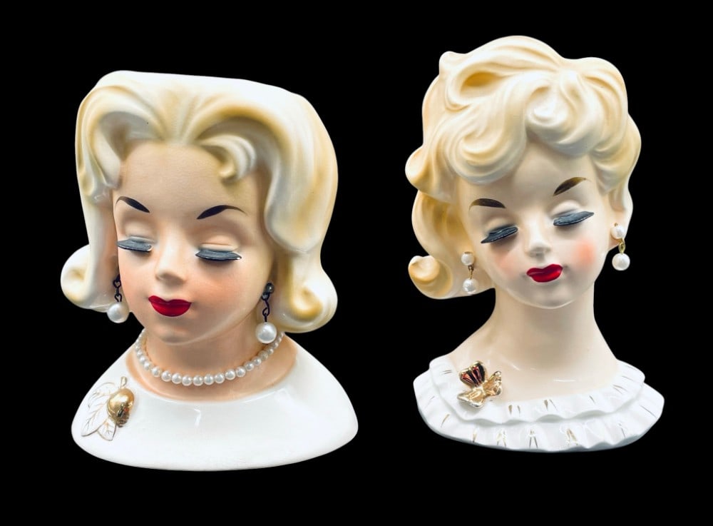(2) Lady Head Ceramic Vase Ucagco and National Potteries: (2) Lady Head Ceramic Vase Ucagco and National Potteries. Ucagco Ceramic Head Vase with Pearl Earrings and Necklace and National Potteries. 6? and 5