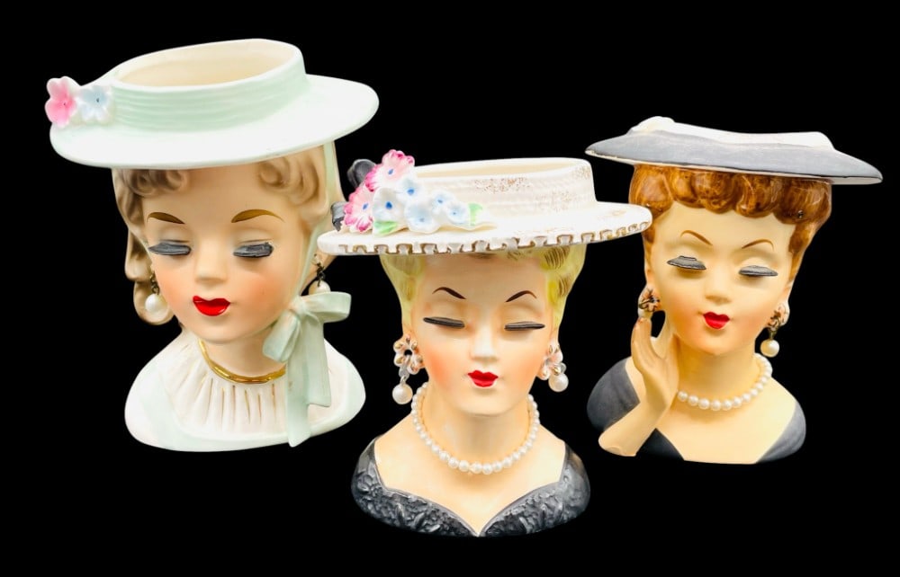 (3) Ceramic Lady Head Vases: (3) Ceramic Lady Head Vases include Sonsco, Lee Wards, and Velco Ceramic Vases. Vases are in overall good condition and measures 5 1/2? and 5