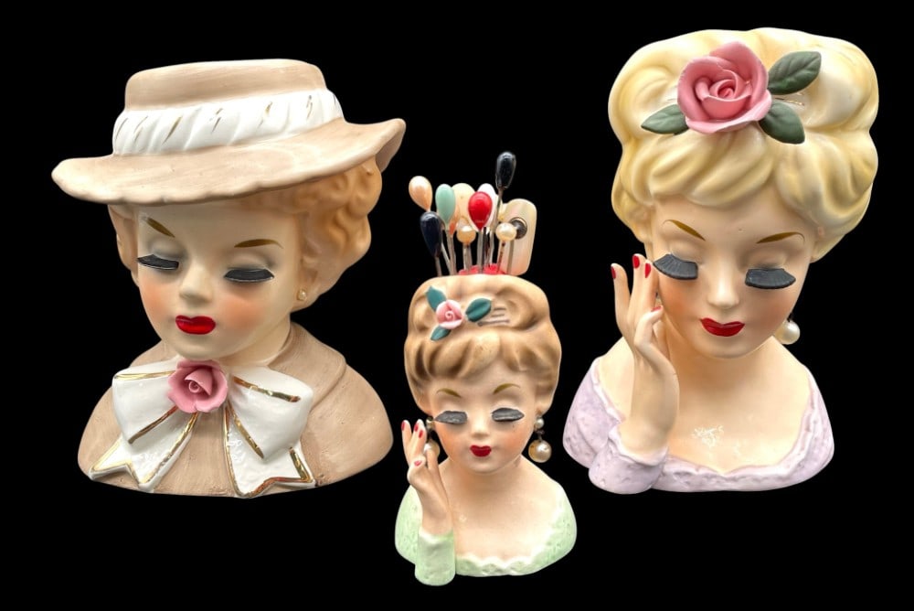 (3) Ceramic Lady Head Vases and Pin Cushion (1 of 15)
