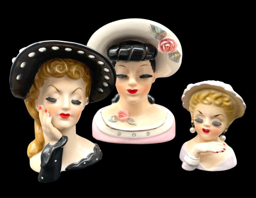(3) Ceramic Lady Head Vases: (3) Ceramic Lady Head Vases, Vases include Inarco and more. Vases are in overall good condition and measures 6?,5? and 3 1/2
