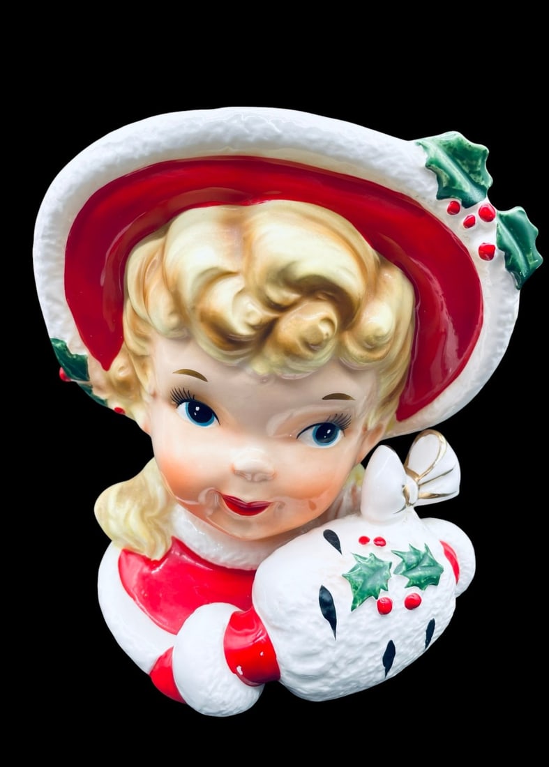 Lefton Christmas Girl Head Vase: Lefton Christmas Girl Head Vase. Vase has minimal paint chipping and is in overall good condition. Measures 6? tall